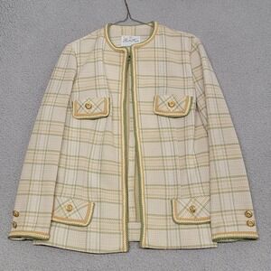 Vintage Butte Knit Blazer Womens Medium Beige Plaid Knit Collarless Gold Buttons